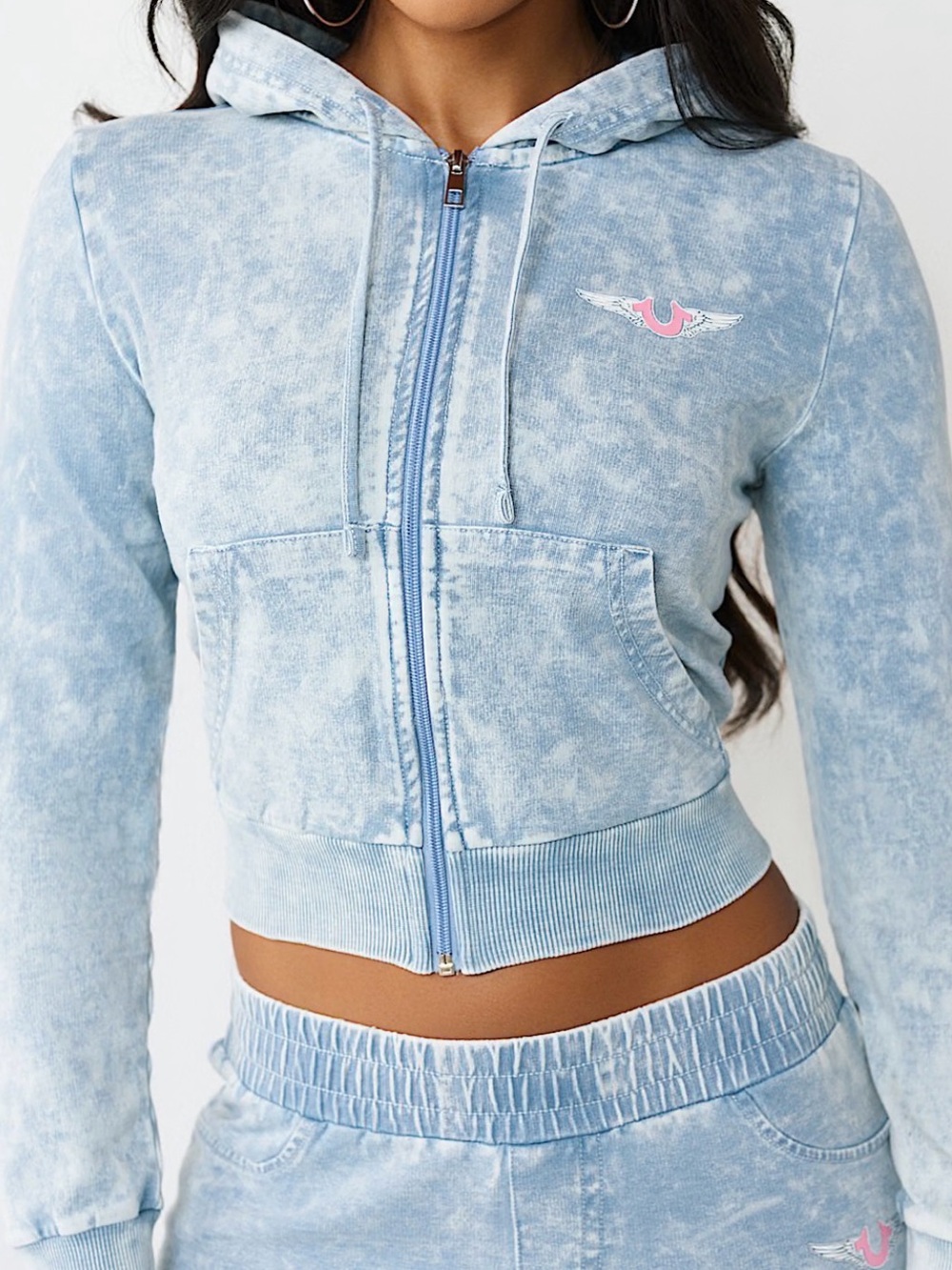 True Religion Denim Wash Light Blue Zip Hoodie with Wing Logo M
